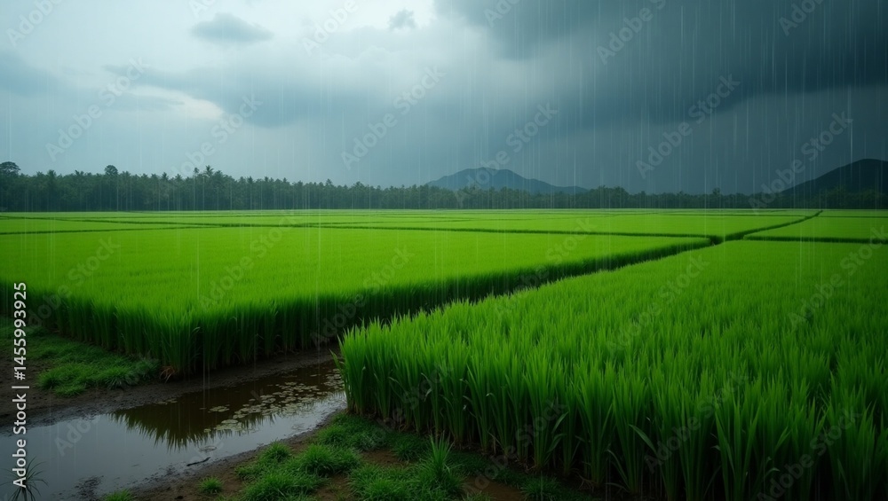 Obraz premium Rainy Season Over Green Rice Paddies with Mountain Background