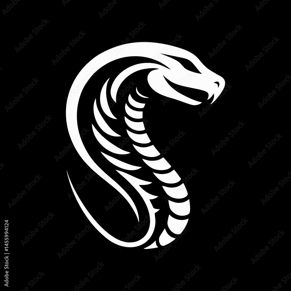 Fototapeta premium Cobra Silhouette Vector Illustration Of Deadly Venomous Snake Predator In Jungle Wildlife Design With Hooded Fangs Coiled Aggressive Reptile Artwork Tattoo Emblem Isolated On White Background