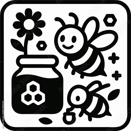 Delightful Cartoon Illustration Showing Busy Bees Collecting Nectar From Flower Near A Jar Of Honey