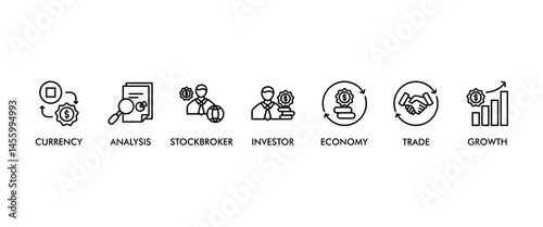 Forex banner web icon vector illustration concept with icon of currency, economy, trade, investor, growth, analysis and stockbroker