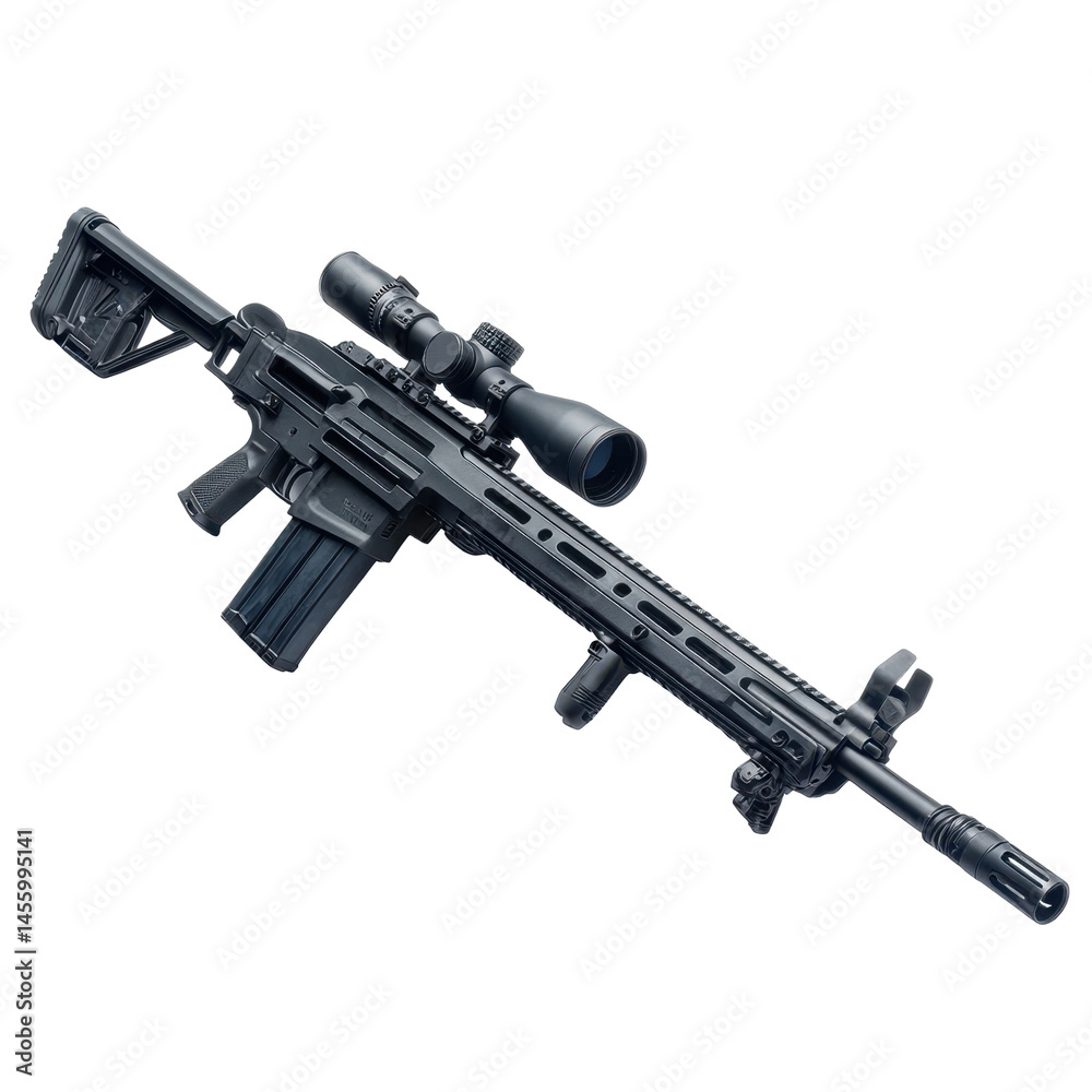 High-performance tactical rifle with scope and accessories for precision shooting and combat training High-performance tactical rifle with scope and accessories for precision shooting and combat training