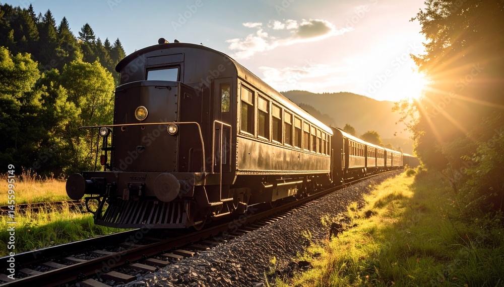 Obraz premium Vintage Train Journey Through Scenic Landscape at Sunset Golden Hour