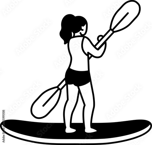 black and white illustration of a woman is paddling a surfboard