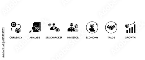 Forex banner web icon vector illustration concept with icon of currency, economy, trade, investor, growth, analysis and stockbroker
