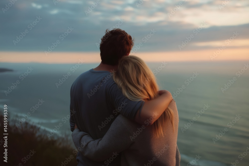 Fototapeta premium Romantic couple embracing and enjoying a beautiful sunset over the sea, a moment of love and connection in nature