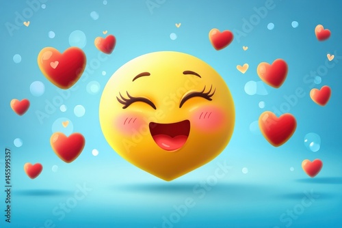 romantic emoji character blushing with hearts, surrounded by suitor emojis, cartoon vector
