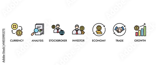 Forex banner web icon vector illustration concept with icon of currency, economy, trade, investor, growth, analysis and stockbroker