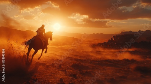 Horse rider silhouette galloping at sunset across dusty plain