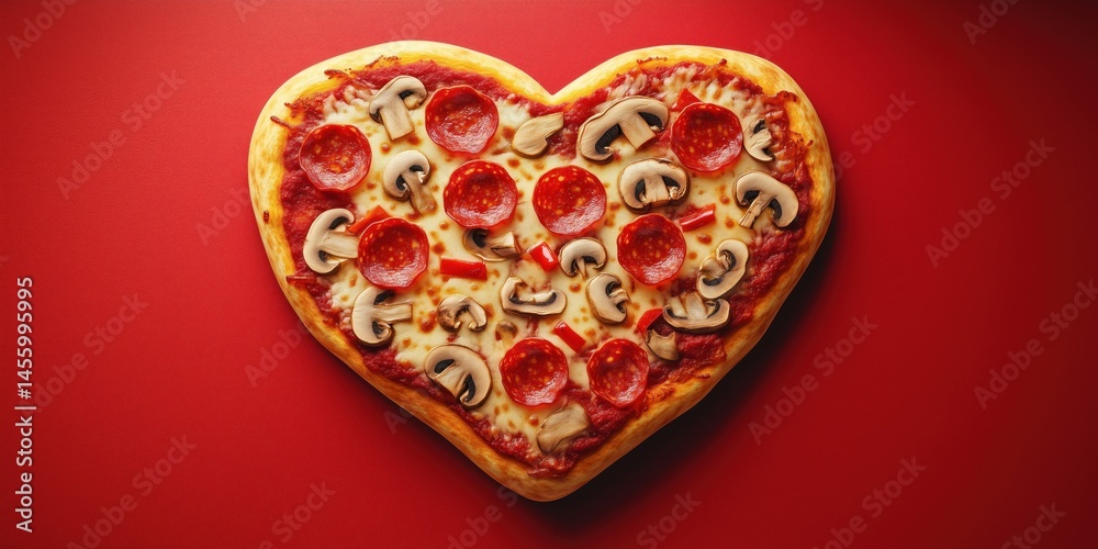 Fototapeta premium Heart-shaped pizza with pepperoni, mushrooms, and red peppers on red background