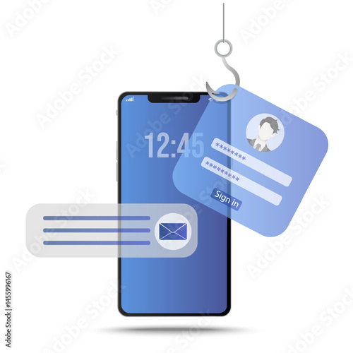 Online phishing scam. Phishing user password on smartphone. Cyber Attack and digital crime. Online crime steal money from mobile user. Vector illustration isolated on