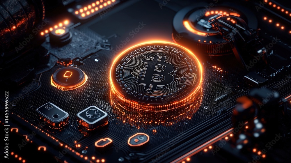 Illuminated bitcoin coin display digital currency cryptocurrency environment futuristic viewpoint technology concept Illuminated bitcoin coin display digital currency cryptocurrency environment futuristic viewpoint technology concept