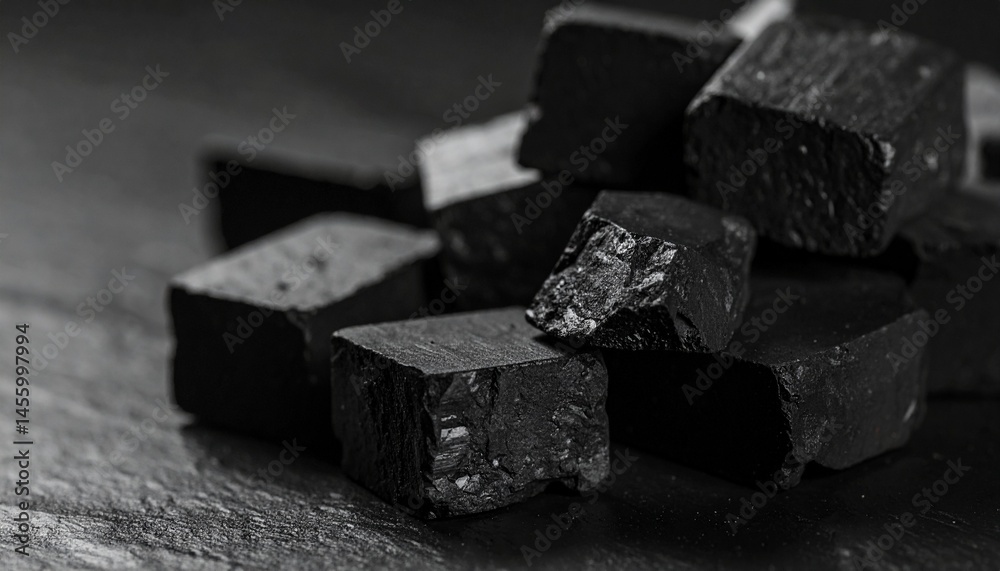 Close up of Rough Black Charcoal Cubes Stacked Together on Dark Surface Close up of Rough Black Charcoal Cubes Stacked Together on Dark Surface