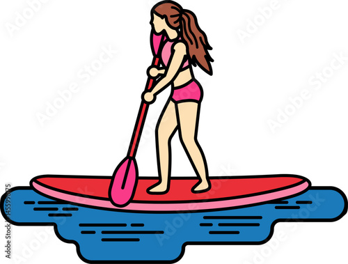 A woman is paddling a surfboard in the water