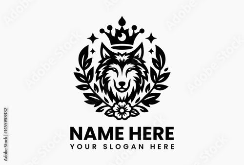 Playful cartoon wolf wearing a royal crown with floral wreath in bold vector logo design, representing strength, loyalty, and wild charm for fun branding  