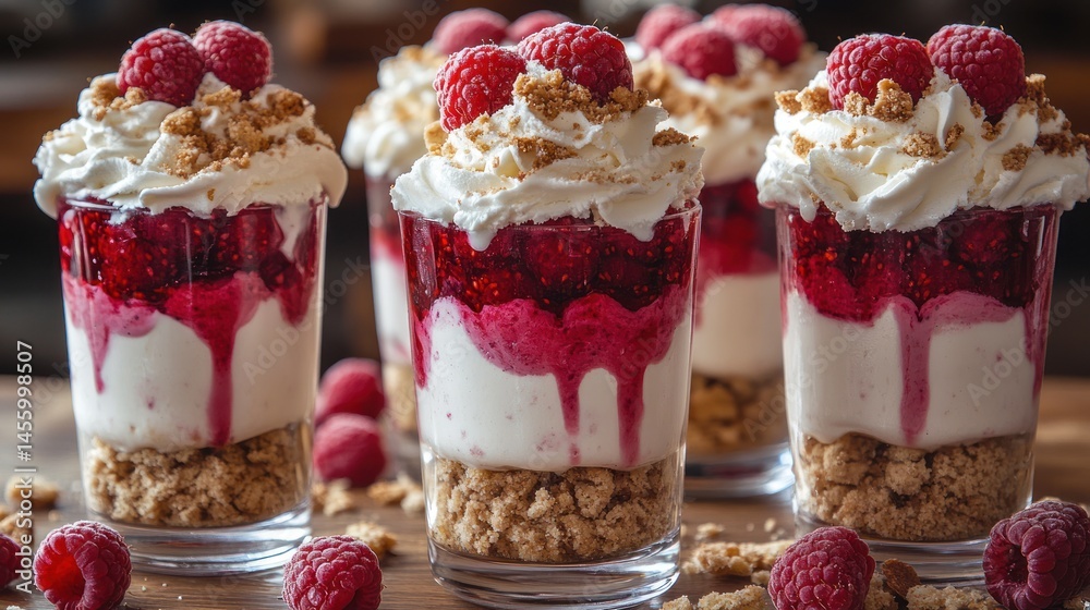 Several glasses filled with layers of raspberries cream and granola on a table. Several glasses filled with layers of raspberries cream and granola on a table.