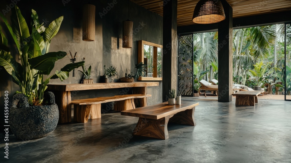 Fototapeta premium Modern minimalist eco-friendly interior design for a sustainable tropical retreat lifestyle