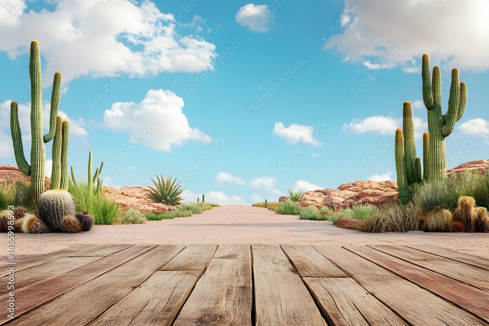 Obraz premium Desert path with cactus and sand under blue sky seen from wooden floor.