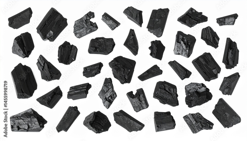 Black Charcoal Pieces Falling on White Background Natural Texture High Resolution Image Black Charcoal Pieces Falling on White Background Natural Texture High Resolution Image