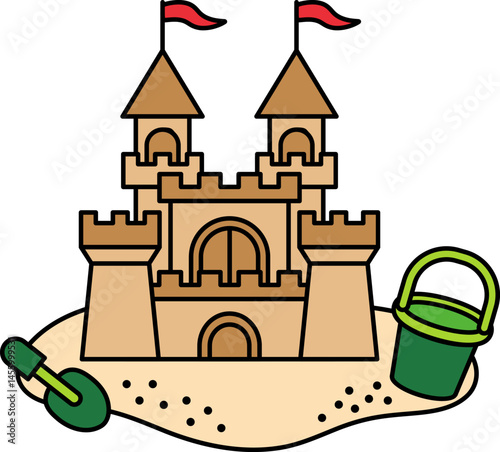 Illustration of a Sandcastle with Bucket and Shovel