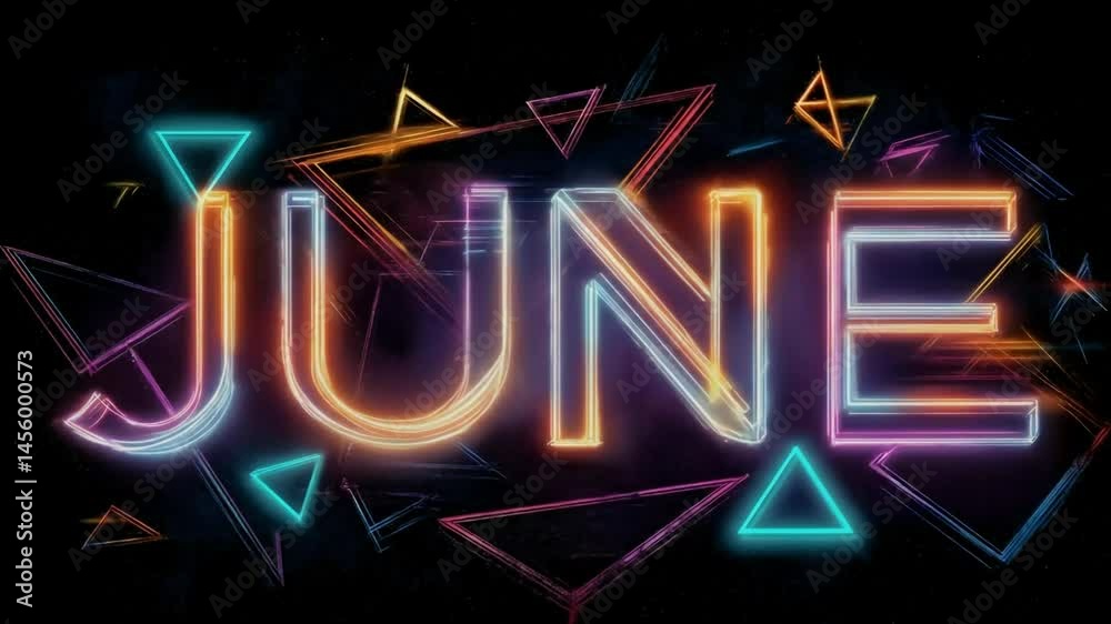 June glowing neon text with geometric shapes on dark background