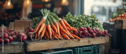 Fototapeta Naklejka Na Ścianę i Meble -  Carrots, beets, and radishes are arranged attractively on a wooden table at a farm stand.