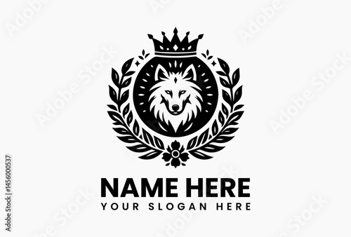 Vintage wolf head with regal crown and botanical flower elements in detailed vector logo, symbolizing wild nobility and nature’s heritage in classic design  
