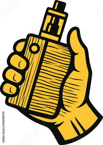 Hand Tightly Grips A Vector Illustration Of A Wood Grain Box Style Vaporizer Device Modern Style