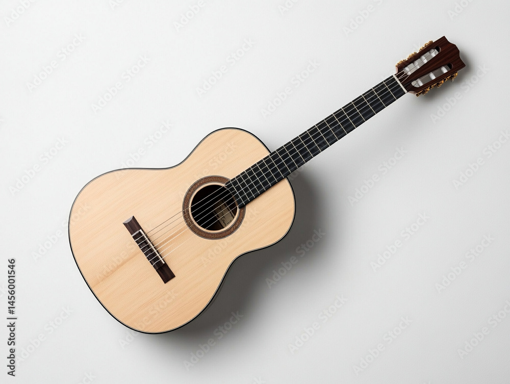 Fototapeta premium Traditional acoustic guitar, full body view, isolated on white, clean lighting. 