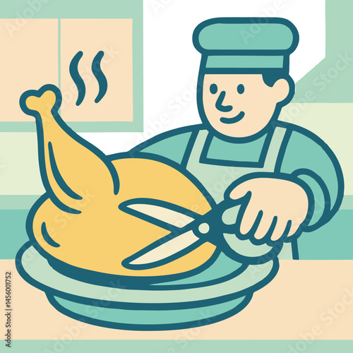 A Chef Is Shown Carving A Cooked Turkey With Scissors In A Brightly Colored Kitchen Scene Indoors