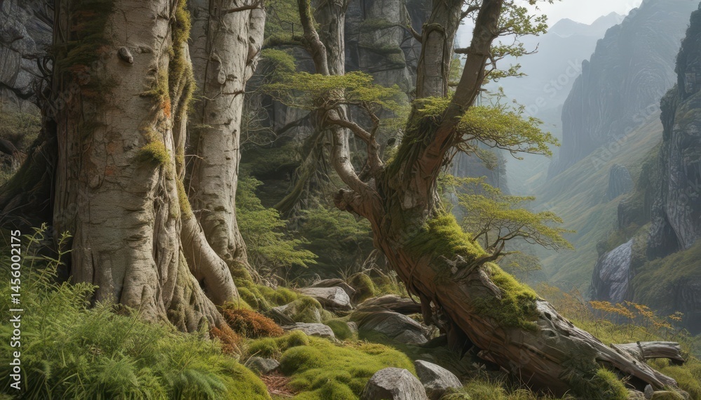 Fototapeta premium Ancient grey tree trunks, moss, lichen, vines, rugged cliffs, mountain foliage , green, texture, vertical
