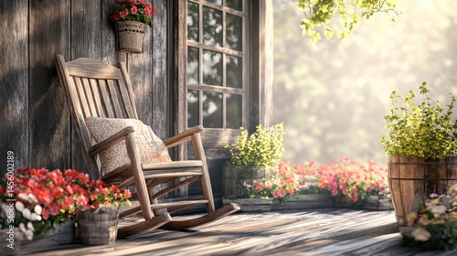 Rocking chair on a rustic porch with flowers and sunlight