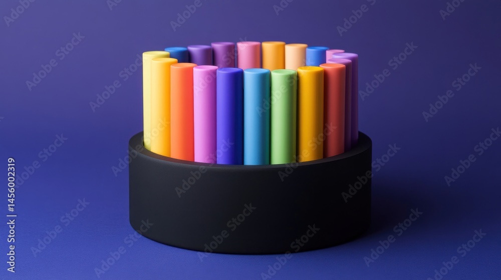Fototapeta premium Colorful Cylinders in a Circular Arrangement on a Dark Stand