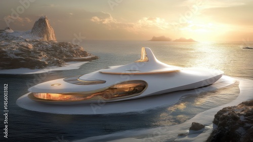 Futuristic superyacht voyage at golden hour in an idyllic cove with crystal water, modern seafaring and luxury lifestyle concept