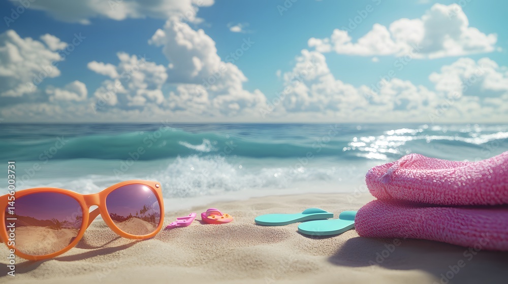 Bright beach scene with accessories on the sand. Bright beach scene with accessories on the sand.