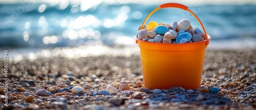 Bright bucket filled with seashells sits on pebbly beach against backdrop of ocean water glistening in sunlight, conveying sense of leisure, relaxation, seaside experience.