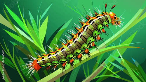 Grass moth, acronicta rumicis larvae, caterpillar climbing on stem with green background from side. Macro animal .Very beautiful