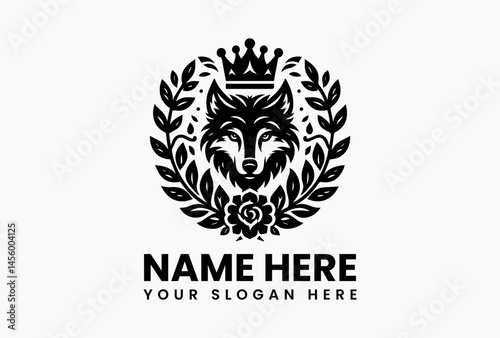 Minimalist wolf face with floral crown and clean crown details in elegant line-art vector logo, reflecting strength and grace in modern branding design  