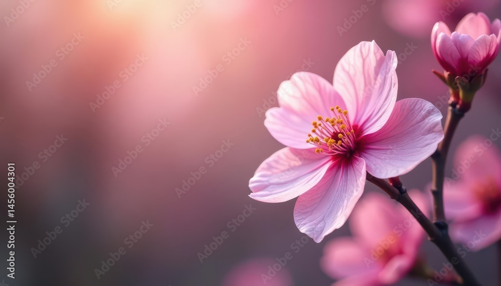 Fototapeta premium Delicate pink blossom unfolds in serene garden nook , garden scene, soft