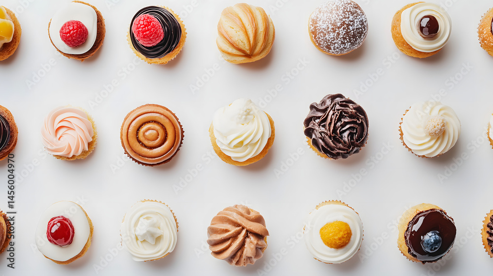 Patterned Assorted Pastries on Bright White Background Patterned Assorted Pastries on Bright White Background