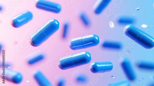 Floating blue capsules in soft pastel colors.
