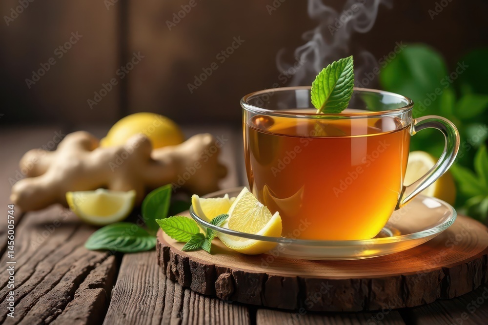 Steaming ginger tea with honey, lemon, and mint on rustic wood , fresh, wood, food Steaming ginger tea with honey, lemon, and mint on rustic wood , fresh, wood, food