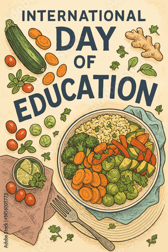 Celebrating International Day of Education with Nutritious Foods Illustration