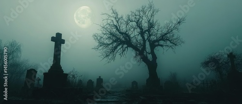 Crosses and tombstones stand silhouetted in a misty graveyard beneath moon, evoking atmosphere of haunting and mysterious melancholy.