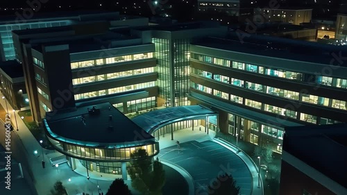 Elegant hospital illuminated at night showcasing modern architecture and tranquil surroundings in a bustling city