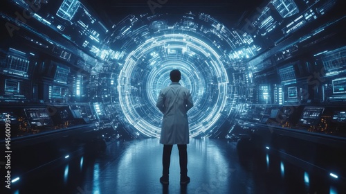 Futuristic portal viewed by a scientist in a lab.