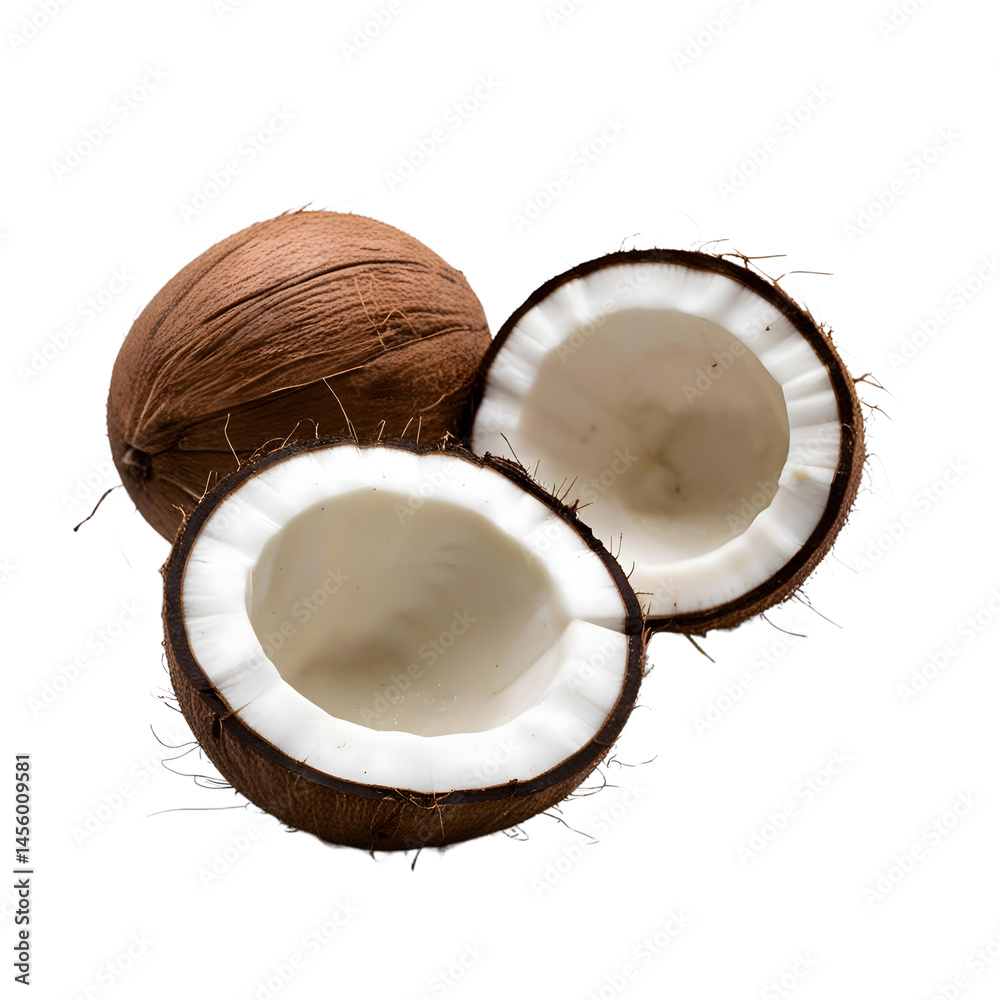 Cracked Coconuts on Black Background, Tropical Delight isolated on transparent background Generative AI. Cracked Coconuts on Black Background, Tropical Delight isolated on transparent background Generative AI.