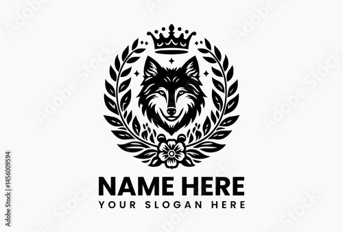 Howling wolf with floating lotus crown, mystical vector logo for yoga studios and spiritual brands 