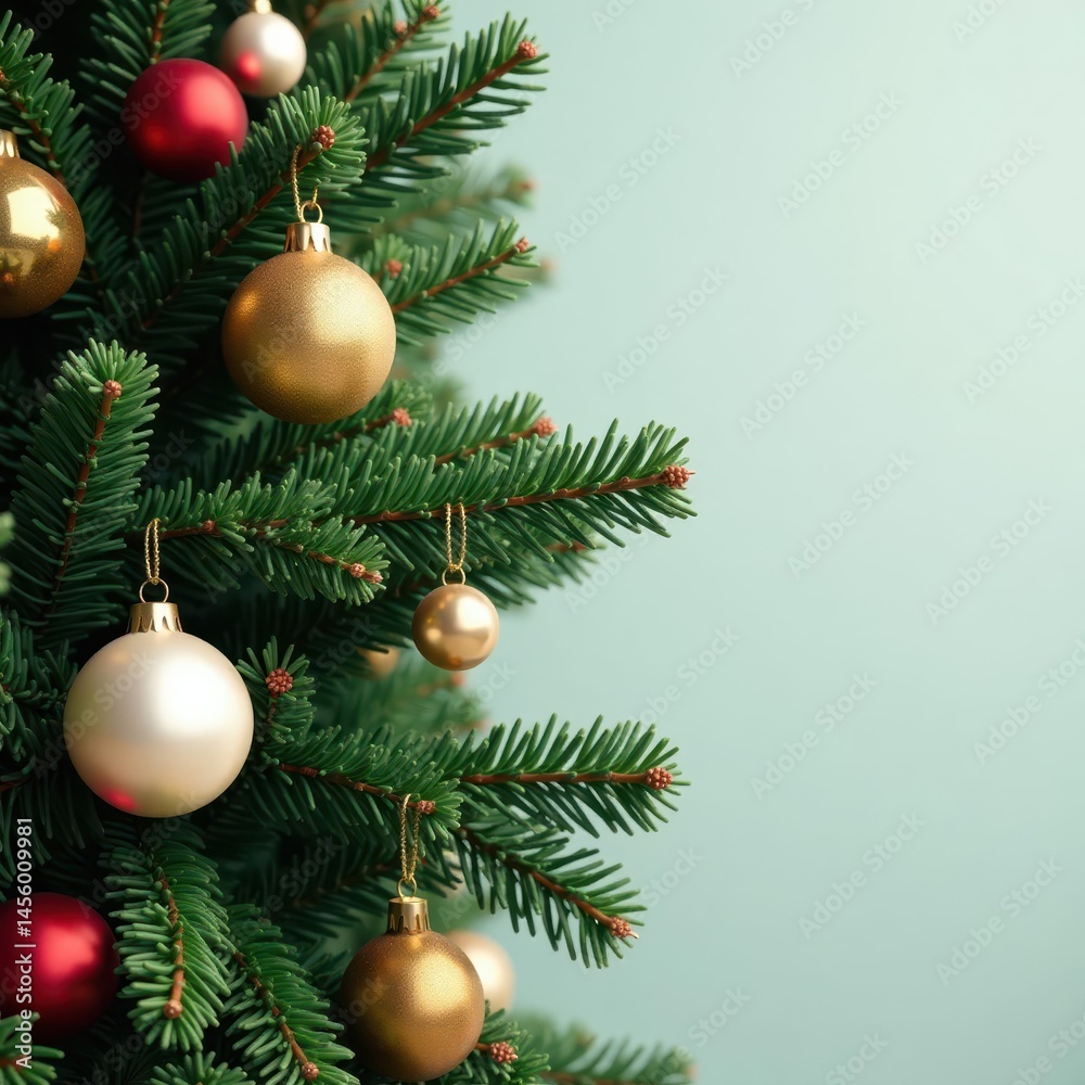 Dark green fir branch adorned with gold, red, and white ornaments , season, celebration