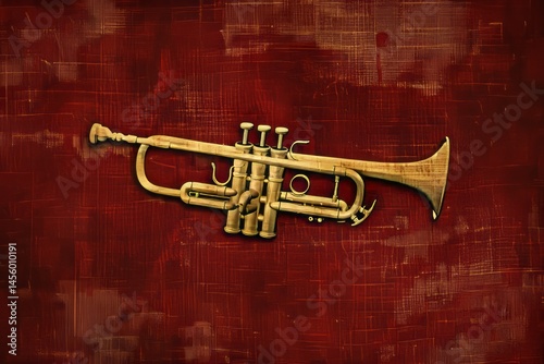 Golden Trumpet on Abstract Red Background for Music Theme