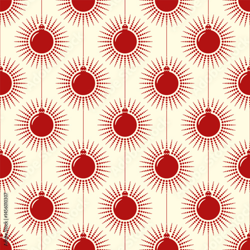 Small hanging red Christmas tree balls isolated on white background. Cute monochrome seamless pattern. Vector simple flat graphic illustration. Texture.